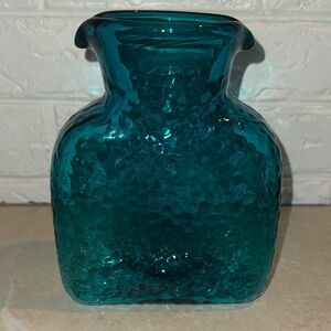 Pier 1 Teal Glass Double Spout Water Pitcher or Vase 8” tall